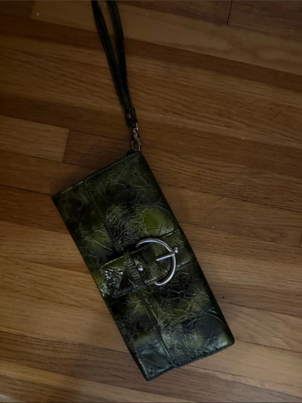 Olive Green Croc-Embossed Wristlet Clutch